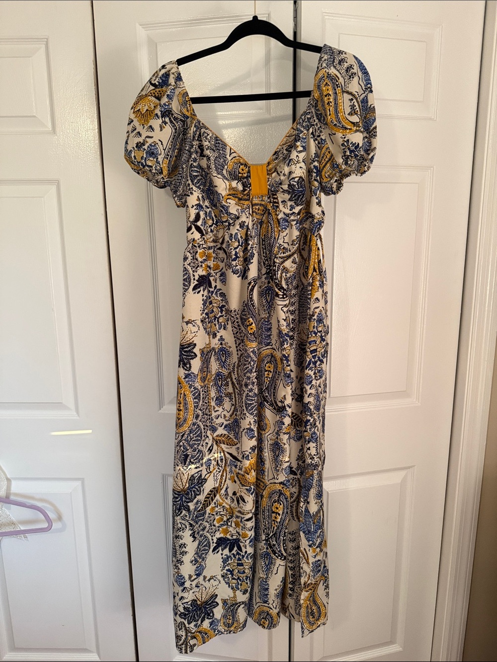 Cream Paisley Maxi Dress with Navy and Mustard Accents